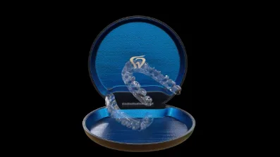 A clear dental aligner in its case, from a product film for V Clear Aligner