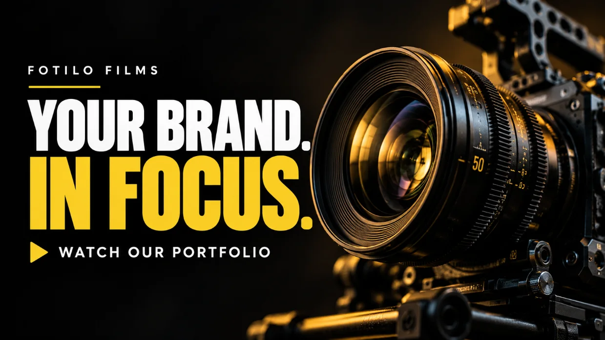 Fotilo Films portfolio cover — a cinema camera lens with the line "Your brand, in focus"