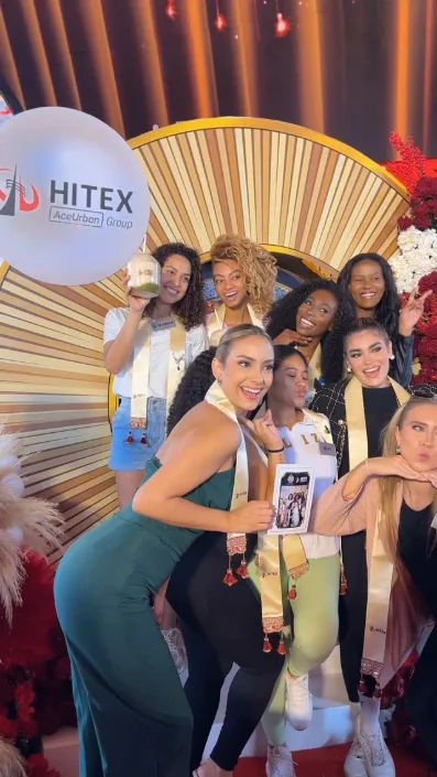 Miss World 2025 contestants at the HITEX stand in Hyderabad